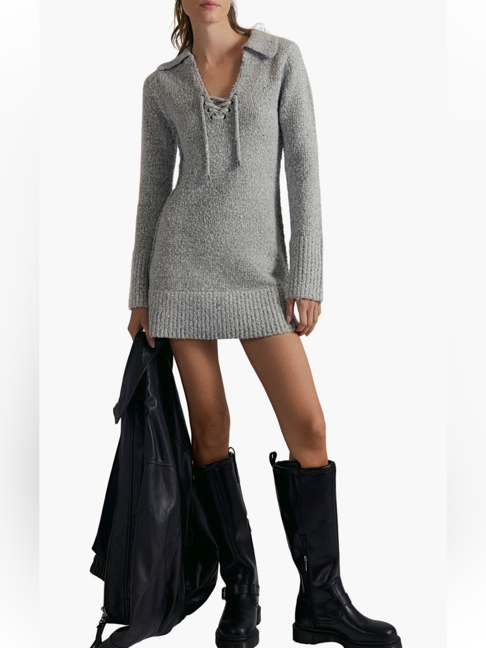 Free People Grey Heather Combo Milena Long Sleeve Mini Sweater Dress 🆕